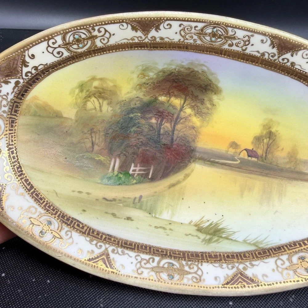 Nippon Hand Painted Celery Dish Oval Tray‎ Gold Moriage Landscape Lake Scene VTG